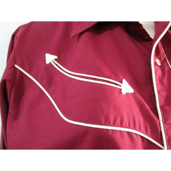 Vintage 70s Levis Pearl Snap Womans S Western Cowboy Rodeo Shirt Maroon White - Picture 8 of 16